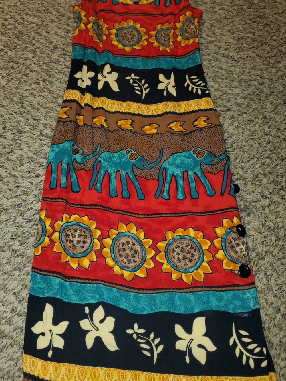 Bohemian Red Maxi Dress with Turquoise Elephant & Sunflower Print